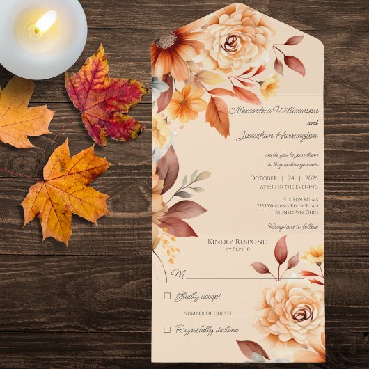 Herfstbloemen op Beige All In One Uitnodiging