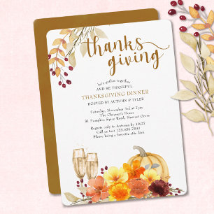 Herfstbloemen Pompoen Wijn Thanksgiving Dinner Kaart