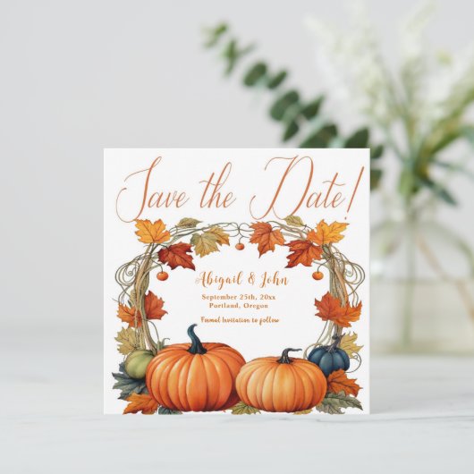 Herfstbloemen / pompoenen Sla de datumbekendmaking Save The Date (Staand voorkant)