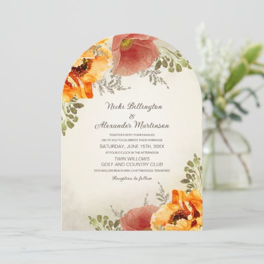 Herfstbloemenbrand Sinaasappel rustieke boogbruilo Kaart (Staand voorkant)