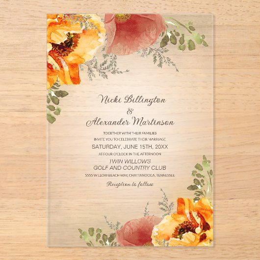 Herfstbloemenbrand Sinaasappel rustieke bruiloft Acryl Uitnodigingen (Voorkant)