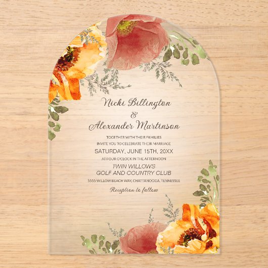Herfstbloemenbrand Sinaasappel rustieke bruiloft Acryl Uitnodigingen (Voorkant)