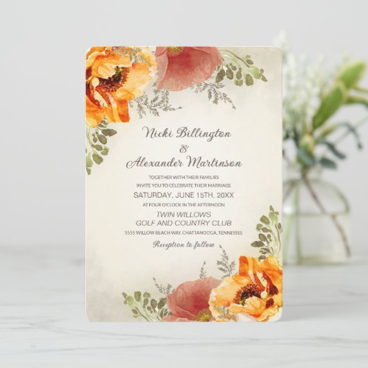 Herfstbloemenbrand Sinaasappel rustieke bruiloft Kaart (Staand voorkant)