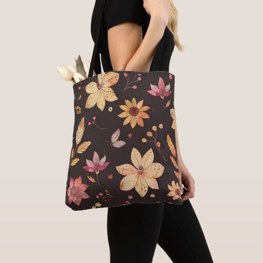 Herfstbloemenpatroon Canvas tas (Dichtbij)