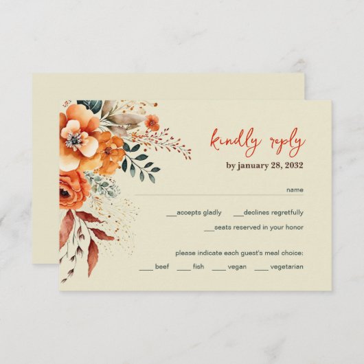 Herfstbloemige elegante trouwdag RSVP kaartje (Voorkant / Achterkant)