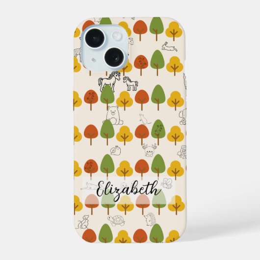 Herfstbomen met lijnkunst Dieren iPhone 15 Case (Achterkant)
