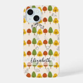 Herfstbomen met lijnkunstdieren iPhone 15 case