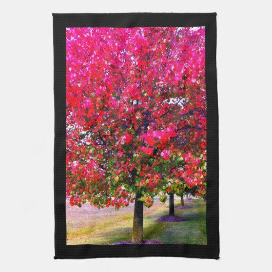 Herfstbomen roze rood blad impressionistische bome theedoek (Verticaal)