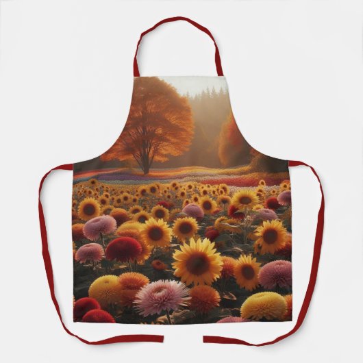 Herfstbomen/veld met chrysanten schort (Voorkant)