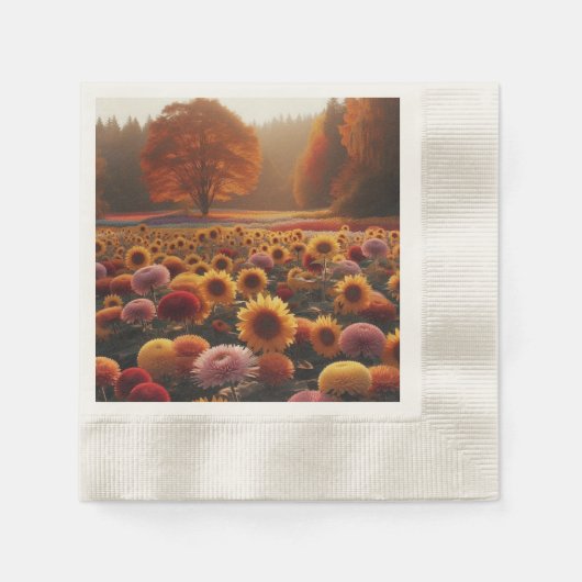Herfstbomen/veld met chrysanten servet (Voorkant)