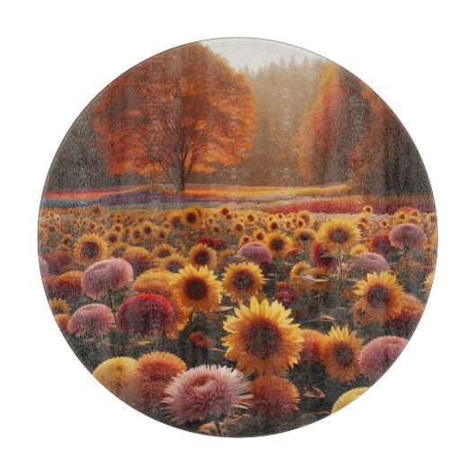 Herfstbomen/veld met chrysanten snijplank (Voorkant)