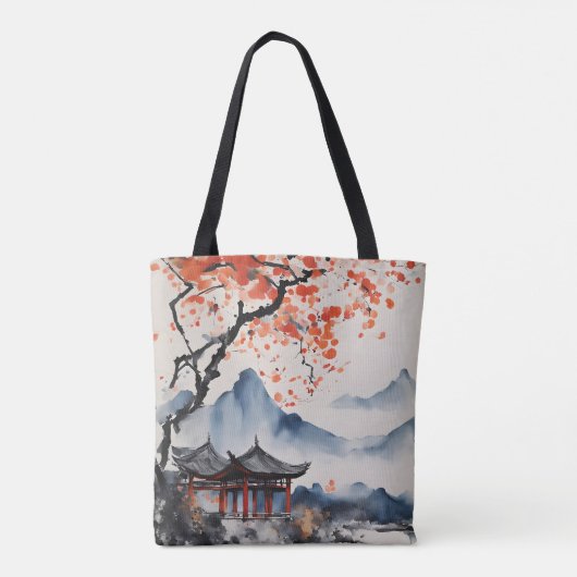 Herfstboom en tempel tote bag (Achterkant)