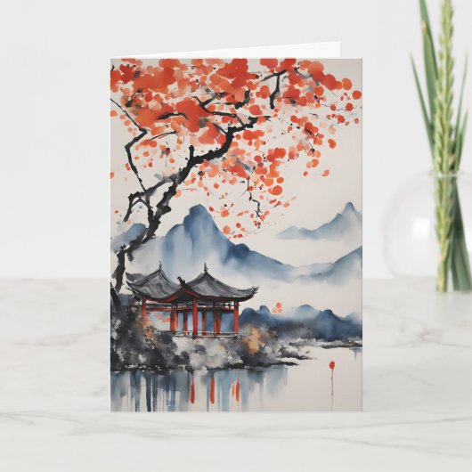 Herfstboom en Tempel Verjaardag Kaart (Voorkant)