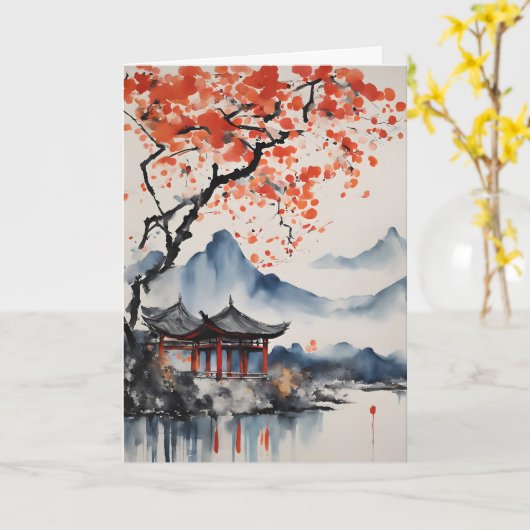 Herfstboom en Tempel Verjaardag Kaart (Gele Bloem)