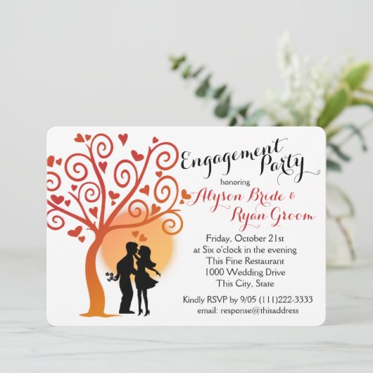 Herfstboom en Verloving paar silhouet Kaart (Staand voorkant)