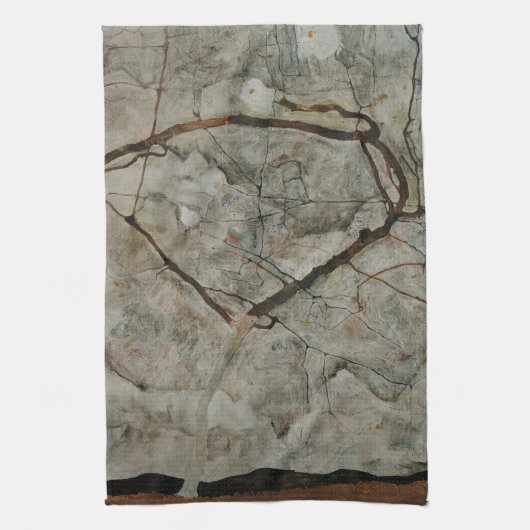 Herfstboom in beweging door Egon Schiele Theedoek (Verticaal)