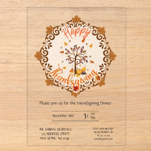 Herfstboom Mandala Herfstloof & Thanksgiving Acryl Uitnodigingen (Voorkant)