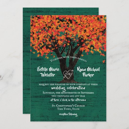 Herfstboom met gebeeldhouwd hart rustieke bruiloft kaart (Voorkant / Achterkant)