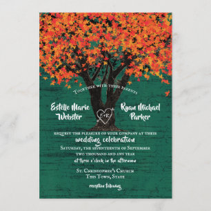 Herfstboom met gebeeldhouwd hart rustieke bruiloft kaart