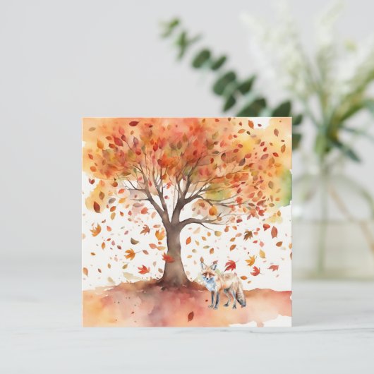 Herfstboom met Vallende bladeren en Fox Waterverf Kaart (Staand voorkant)