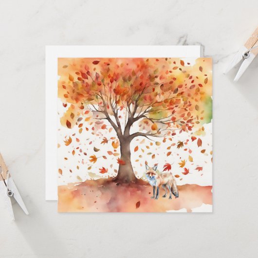 Herfstboom met Vallende bladeren en Fox Waterverf Kaart (Voorkant / Achterkant in situ)
