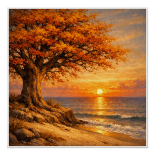 Herfstboom met vlinders bij zonsopgang perfect poster