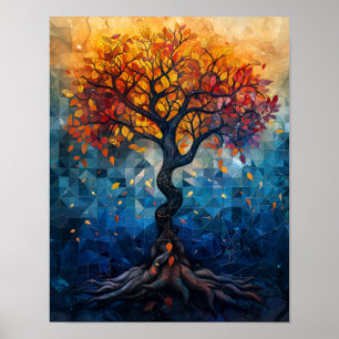 Herfstboom Mozaïek Geometrische Gloed Kunst Poster