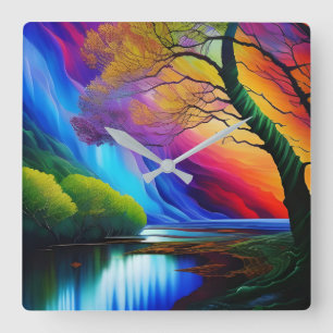Herfstboom Rainbow Ridge rustig water Vierkante Klok