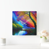 Herfstboom Rainbow Ridge rustig water Vierkante Klok (Huis)