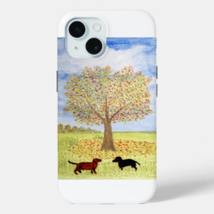 Herfstboom Schilderen met teckel honden iPhone 15 Case