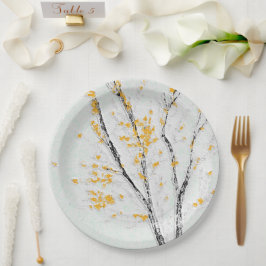 Herfstboomtakken met gele herfstbladeren papieren bordje