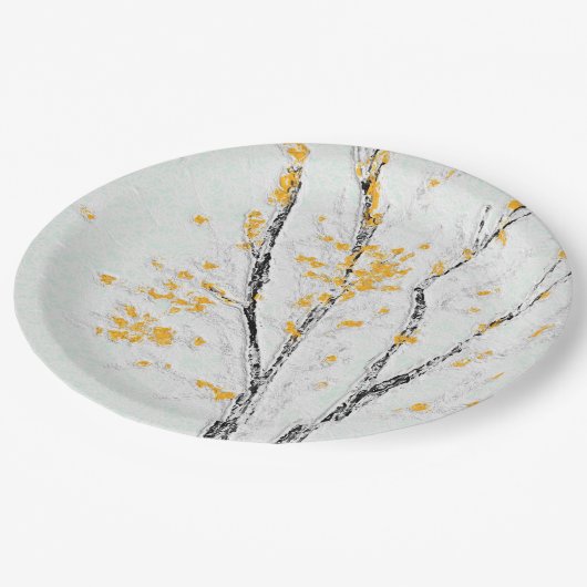 Herfstboomtakken met gele herfstbladeren papieren bordje (Gekanteld)