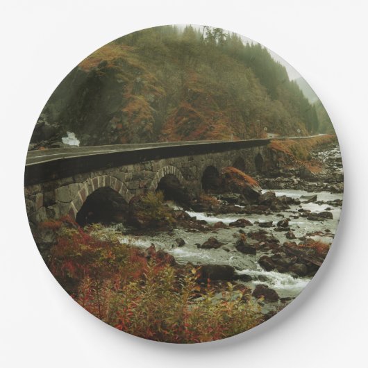 Herfstbos en rivierlandschap papieren bordje (Voorkant)