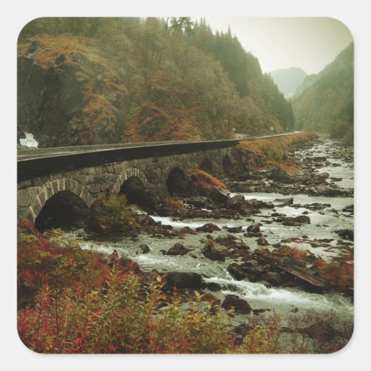 Herfstbos en rivierlandschap vierkante sticker (Voorkant)