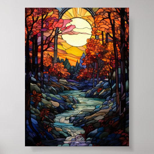 Herfstbos glas-in-lood met bergstroom poster (Voorkant)