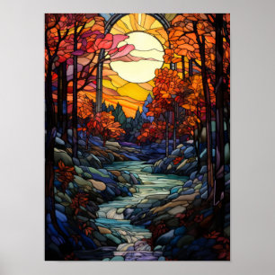 Herfstbos glas-in-lood met bergstroom poster