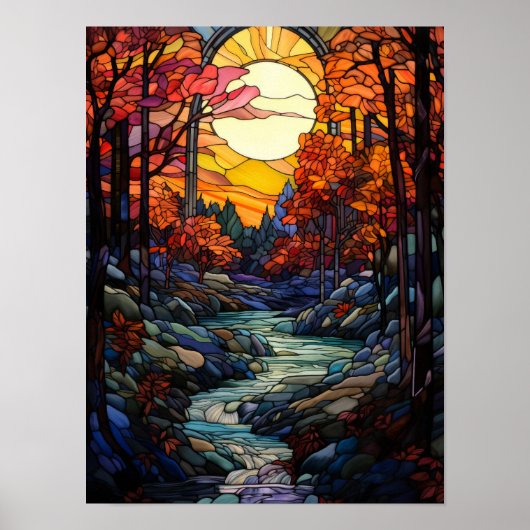 Herfstbos glas-in-lood met bergstroom poster (Voorkant)