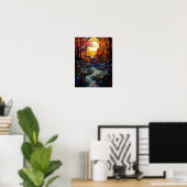 Herfstbos glas-in-lood met bergstroom poster (Thuiskantoor)
