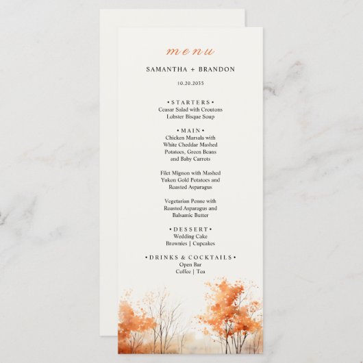 Herfstbos Herfst Woodland bruiloft diner Menu (Voorkant / Achterkant)