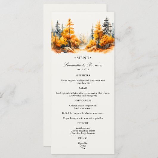 Herfstbos, Herfst Woodland Huwelijksdiner Menu (Voorkant / Achterkant)