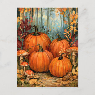 Herfstbos met pompoenen en paddestoelen, briefkaart