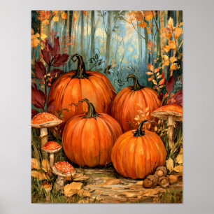 Herfstbos met pompoenen en paddestoelen, poster