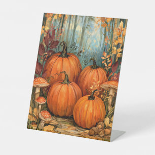 Herfstbos met pompoenen en paddestoelen, reclamebord met voetstuk