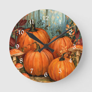 Herfstbos met pompoenen en paddestoelen, ronde klok