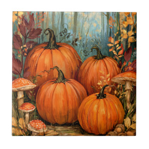 Herfstbos met pompoenen en paddestoelen, tegeltje