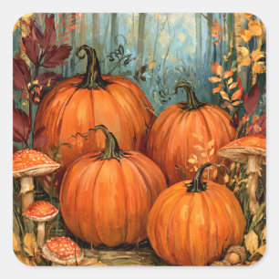 Herfstbos met pompoenen en paddestoelen, vierkante sticker