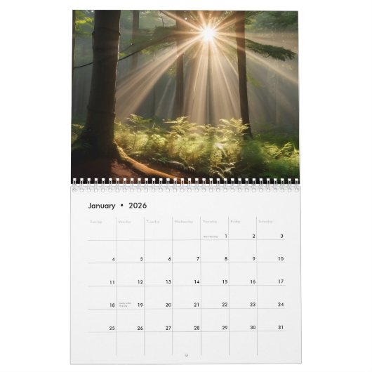 Herfstbos met zonnestralen kalender (Jan 2026)