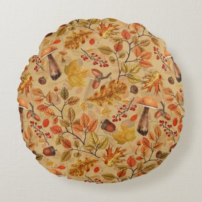 Herfstbos op oker rond kussen (Voorkant)