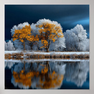 Herfstbos Sneeuwmeer Winterovergang Poster