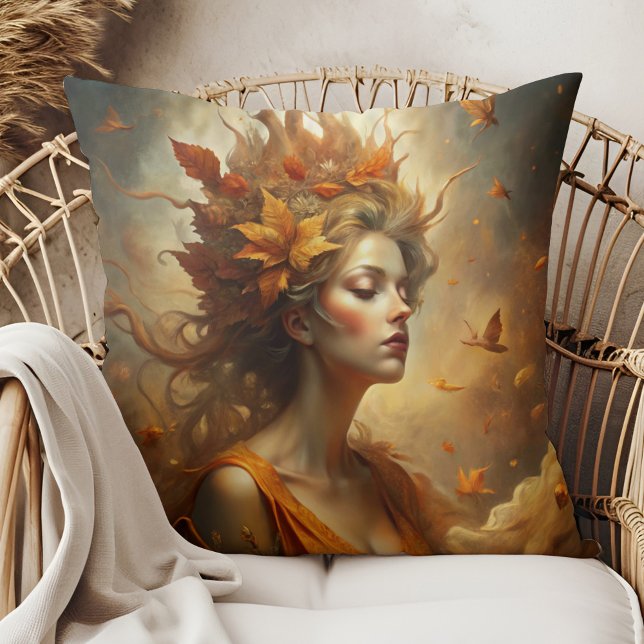 Herfstbosfee – Gezellige Herfst Boho Kussen (Autumn Forest Fairy – Cozy Fall Boho Throw Pillow on a boho rattan armchair.)